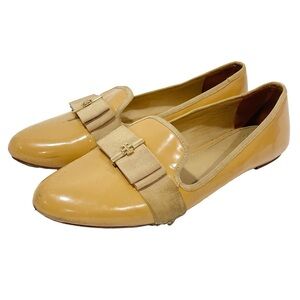 Tory Burch Size 9M Nude Patent Leather Trudy Bow Gold Reva Smoking Flat Loafers